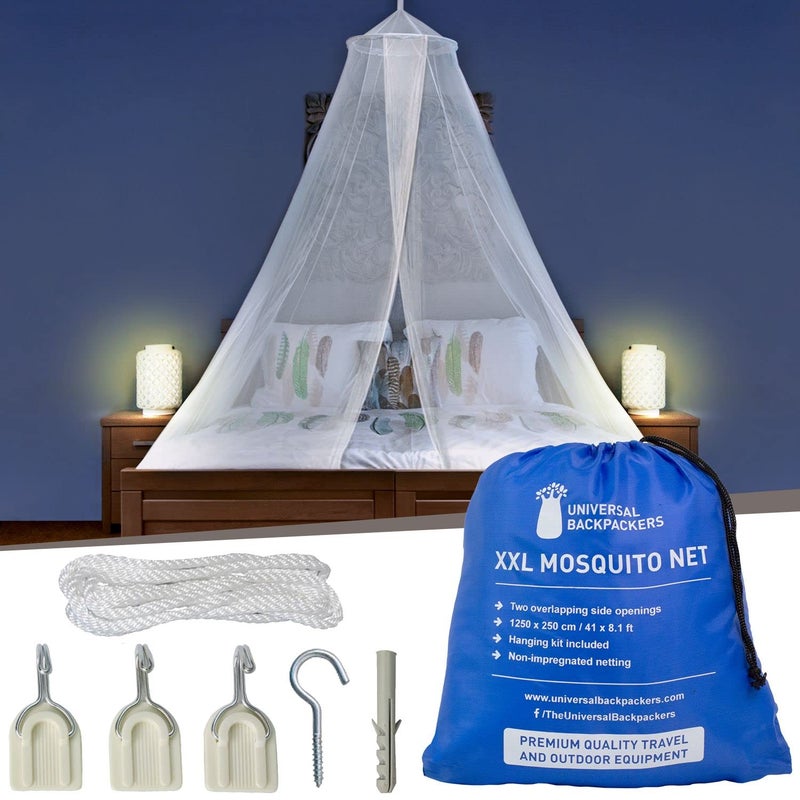 Universal Backpackers Mosquito Net for Single to King-Sized Beds â€“ 2 Openings or Fully-Enclosed Bed Canopy â€“ Conical Design for Decoration or Travel â€“ Free Bag & Hanging Kit for Easy Setup - Image 1
